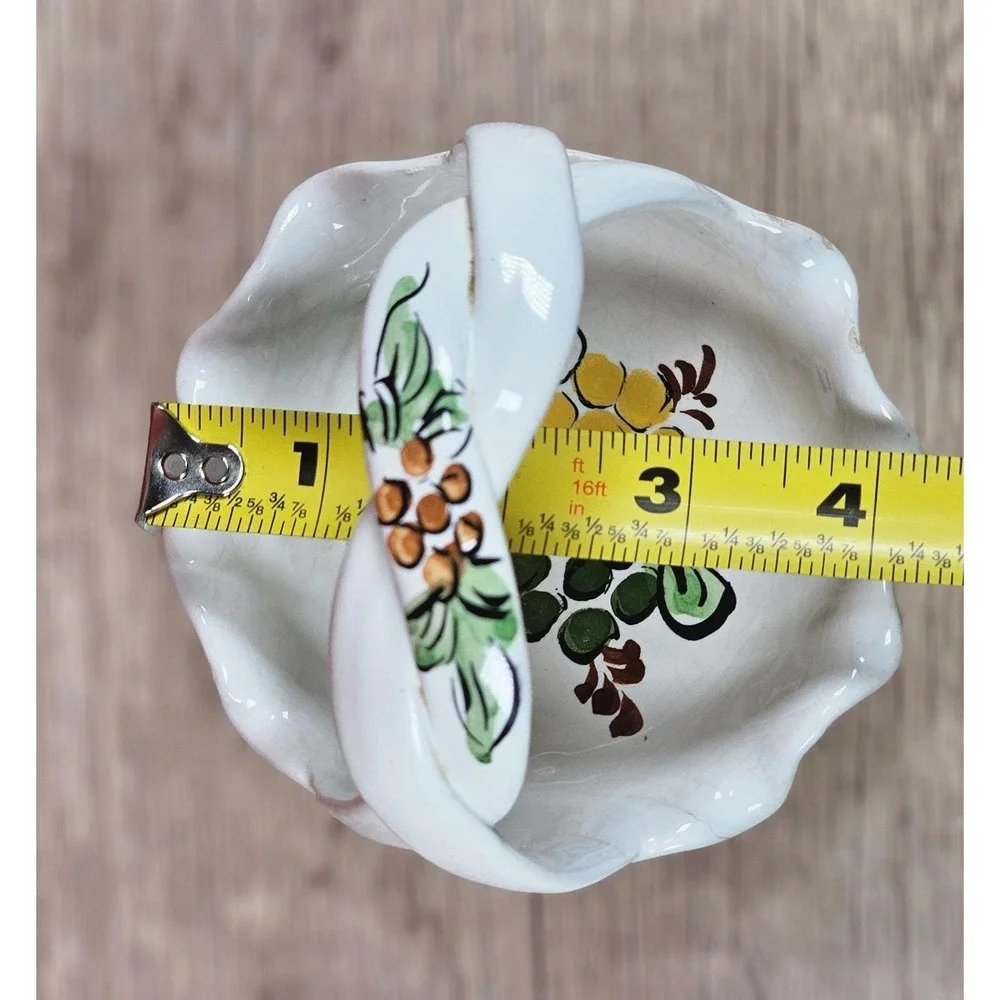 Vintage Portuguese Hand Painted Ceramic Basket with Floral Design